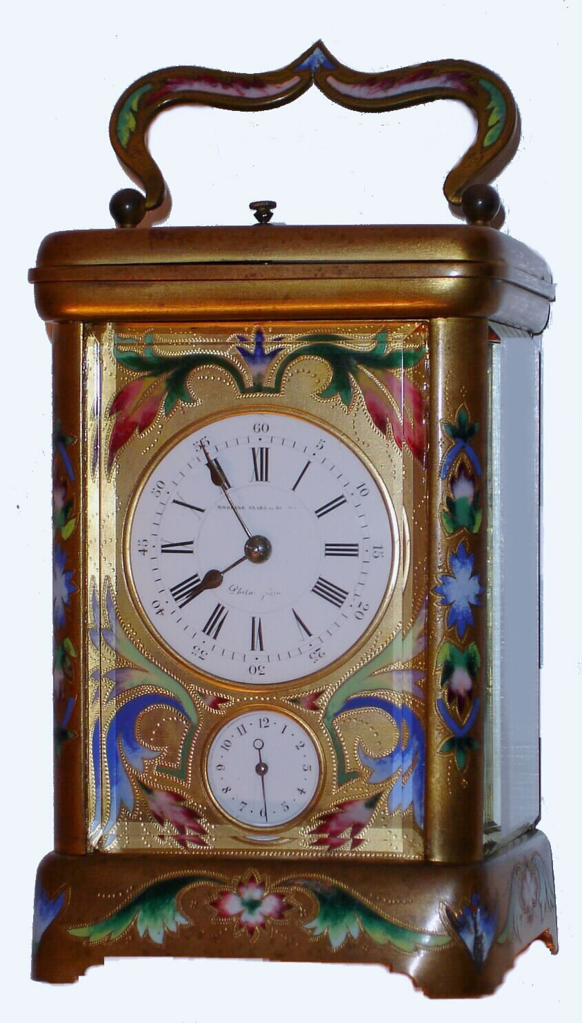 French, Brass Champleve enamel case time, strike on gong, alarm with repeat carriage clock retailed by Robbins, Clarke and ?, Philadelphia, C.1900 — Antique Clocks Price Guide