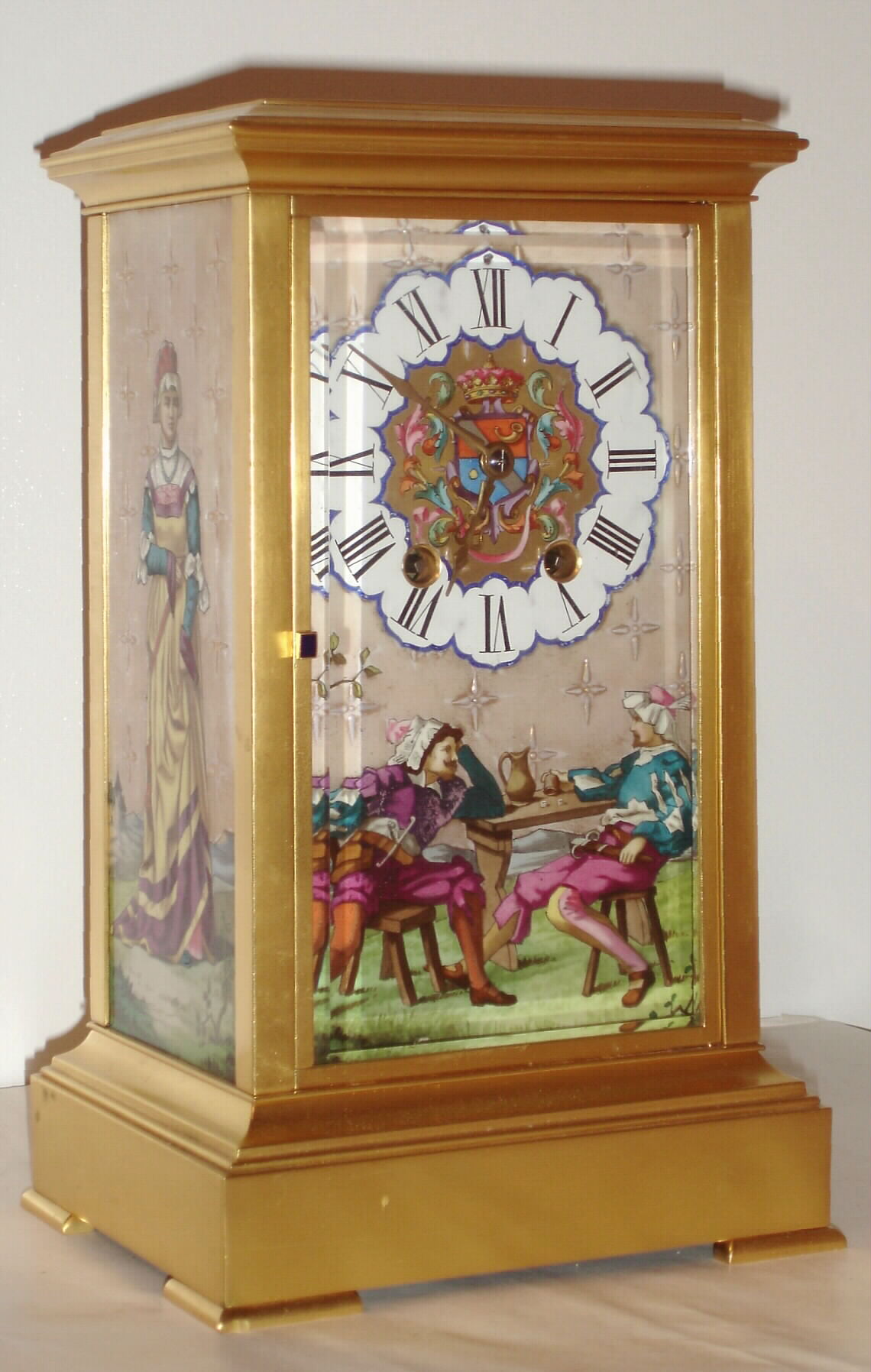 French, A.1, brass case 8-day time/strike crystal regulator with hand painted porcelain panels, C. 1895 — Antique Clocks Price Guide