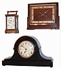 Clocks- (3): a modern reproduction Asian repeating 8-day calendar and alarm carriage clock with painted enamel side panels and leather case; a Seth Thomas Adamantine 8-day time and strike tambour mantel clock, C.1925; English square oak 8-day time and strike mantel clock C.1950