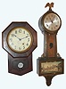 Clocks- (3): Seth Thomas "Drop Octagon 8 Inch" 8-day time-only fumed-oak school clock c1908; a Sessions "Hadley" time and strike 8-day mahogany-finish banjo clock c1939; and a Boulle electric clock with no dome