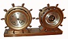 Chelsea Clock Co., Chelsea Mass., ship's bells 8-day brass yacht wheel clock and barometer set on bronze base, C.1937.