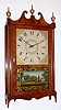 Chauncey Ives, Bristol, Conn., 30-hour mahogany time and strike wooden-works pillar and scroll shelf clock, C.1828.