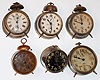 Clocks- (6) alarm clocks: (3) Vienna bell-on-top models one by Junghans, a New Haven radium dial, Alexander Mfg Co. U.S.A. bell-on-top and a Westclox Big Ben