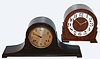 Clocks- (2) mantel clocks: a New Haven 8 day time and strike tambour clock and an English 8 day time and strike in mahogany veneered Deco style case