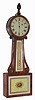 North Attleboro banjo wall clock possibly Horace Tifft 8 day time only weight driven movement in mahogany case with reverse painted throat and tablet glasses, c1840