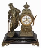Ansonia Clock Co., Ansonia, Conn., "Pizzaro" figural mantel clock with 8 day time and gong strike movement, with open escapement on the porcelain dial, all mounted to an enameled iron base with spelter statue, c1895