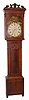 Unsigned painted dial tall case clock, 8 day time and strike weight driven movement in mahogany and mahogany veneer case with carved crest and dial picturing Lady of the Lake in the arch and Four Seasons in the corners, with date dial at 6 o'clock and second's bit at 12 o'clock, c1800