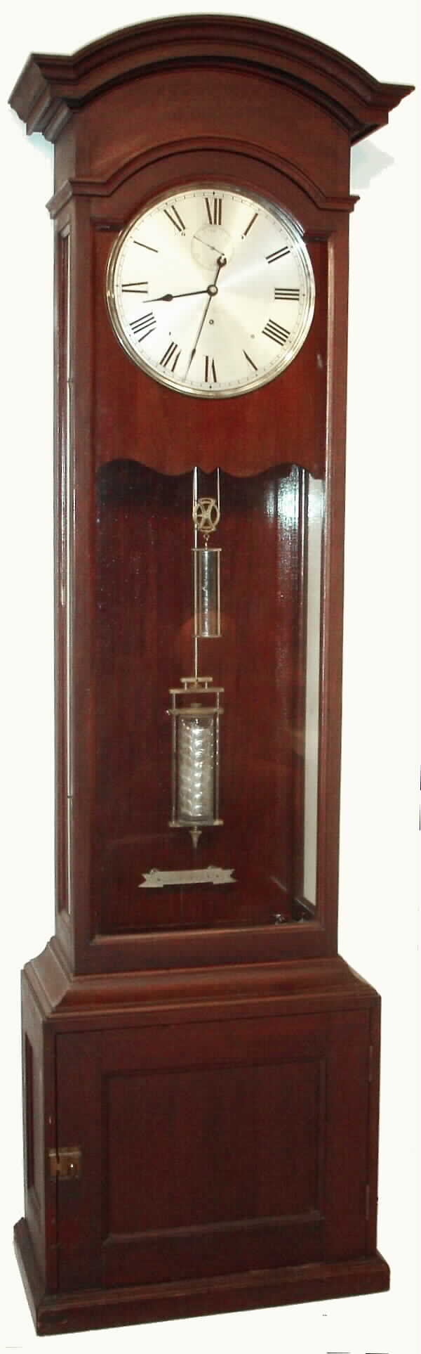 Seth Thomas Clock Co., Thomaston, Conn., floor standing precision regulator, with variant No. 68 movement, dated April 25th, 1892, No. 94, and having cut pinions, maintaining power, new style click with tail for let down, movement nicely signed and with date, also mercurial pendulum, The well made mahogany case with rubber dust gasket for the full length of the door, original hardware including nickel plated winding key. This clock came from the Clark and True Jewelry store of Middletown, Conn. — Antique Clocks Price Guide