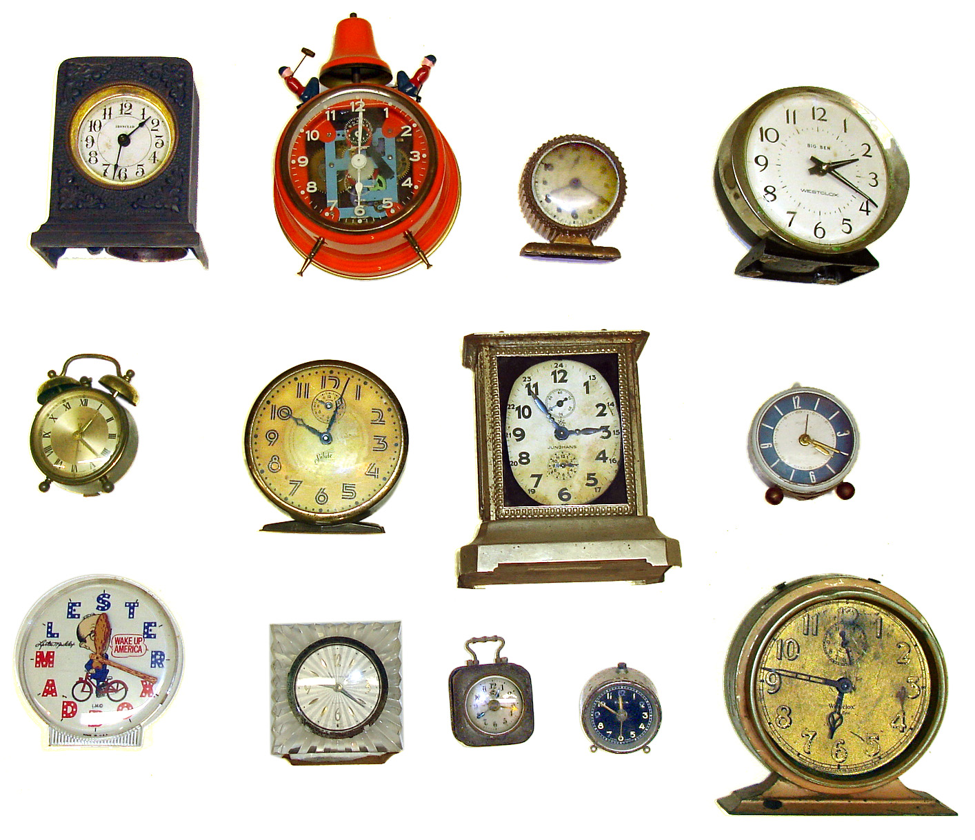 Thirteen wind-up alarm clocks. Makers include Ironclad, Junghans (with music box base), Jerger, New Haven, Westclox, "Lester Maddox", etc. — Antique Clocks Price Guide