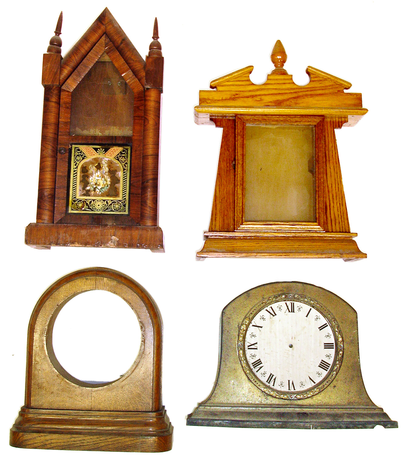 Four wood clock cases. Includes steeple with nice glass, solid oak round top oak cabinet and bronzed mantle. — Antique Clocks Price Guide
