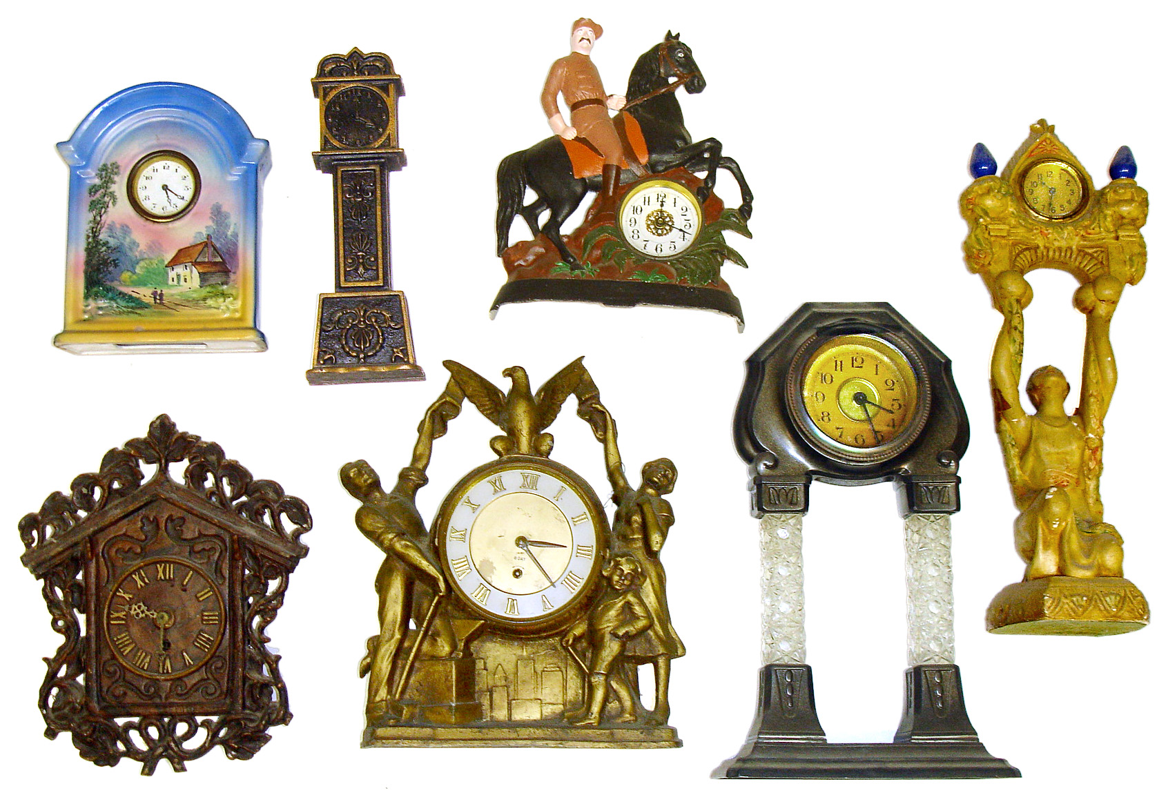 Seven novelty clocks. Includes long case bank (not functional clock), hand painted China, Gibraltar NRA workers, crystal column, and woman holding clock and two lights. — Antique Clocks Price Guide