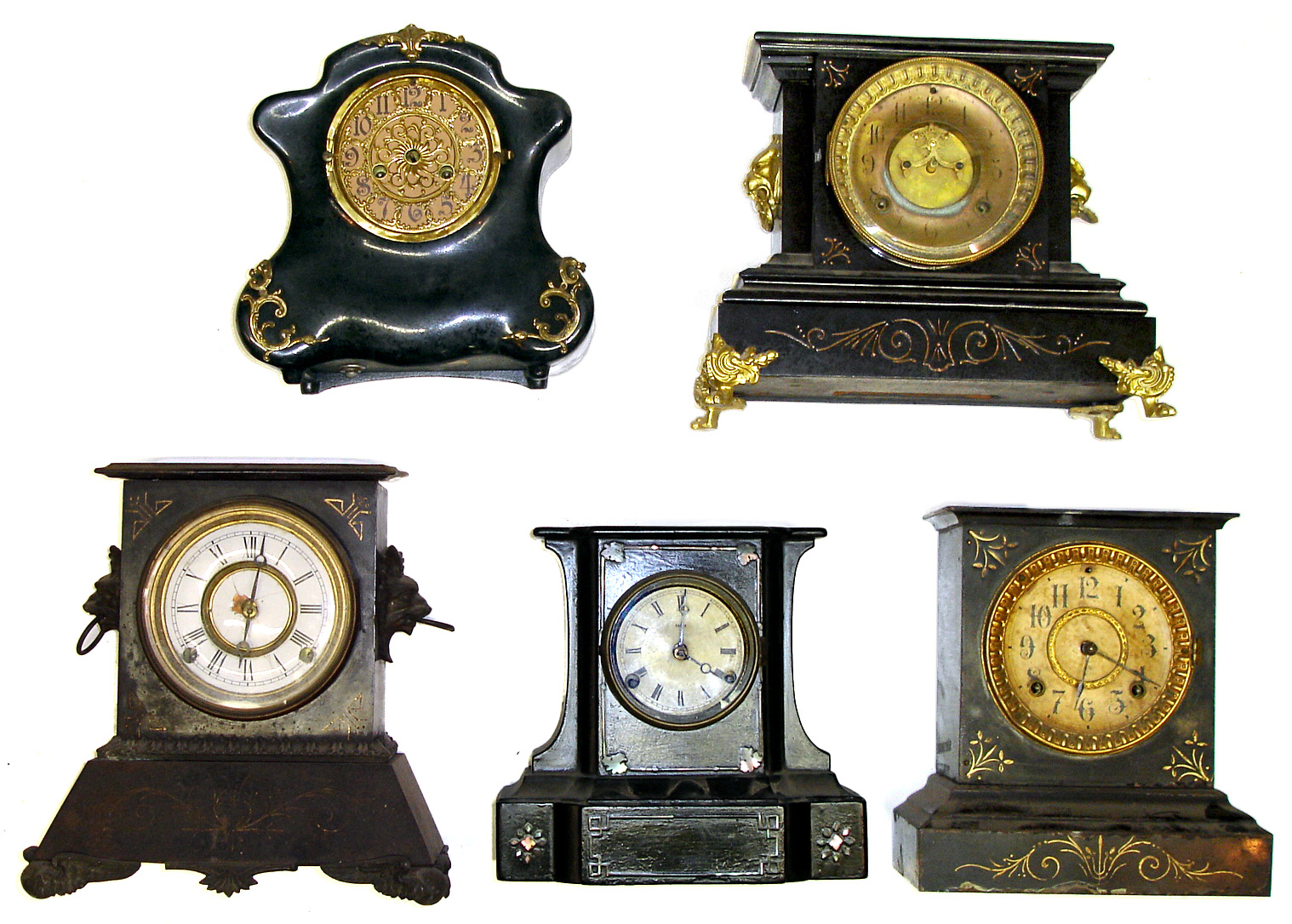 Five Black Iron Connecticut Mantel Clocks. Includes Ansonia visible escapement, MOP inlay, and Waterbury. — Antique Clocks Price Guide