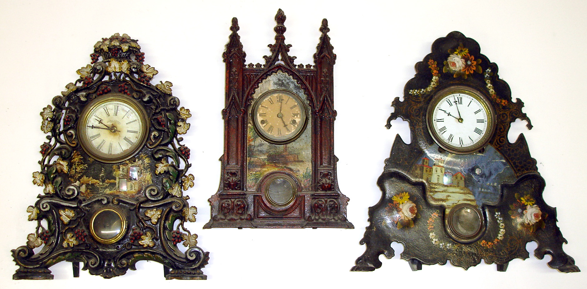 Three large Connecticut 8-day iron fronts Highly decorative. 2 with American Clock Co. inside labels, other has Bradley and Hubbard dial. — Antique Clocks Price Guide
