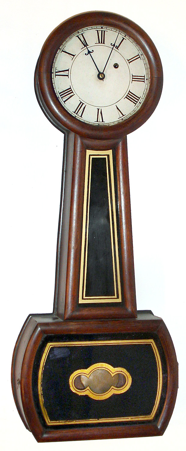 Attleboro, MA, Hatch type banjo 8 day time only weight driven movement in mahogany case with painted zinc dial, c1860 — Antique Clocks Price Guide