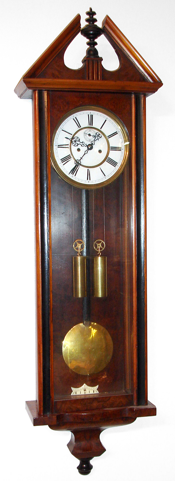 Vienna Regulator 8 day time and strike weight driven movement in a burled wood and ebonized case with subsidiary seconds on porcelain enamel dial, c1870 — Antique Clocks Price Guide