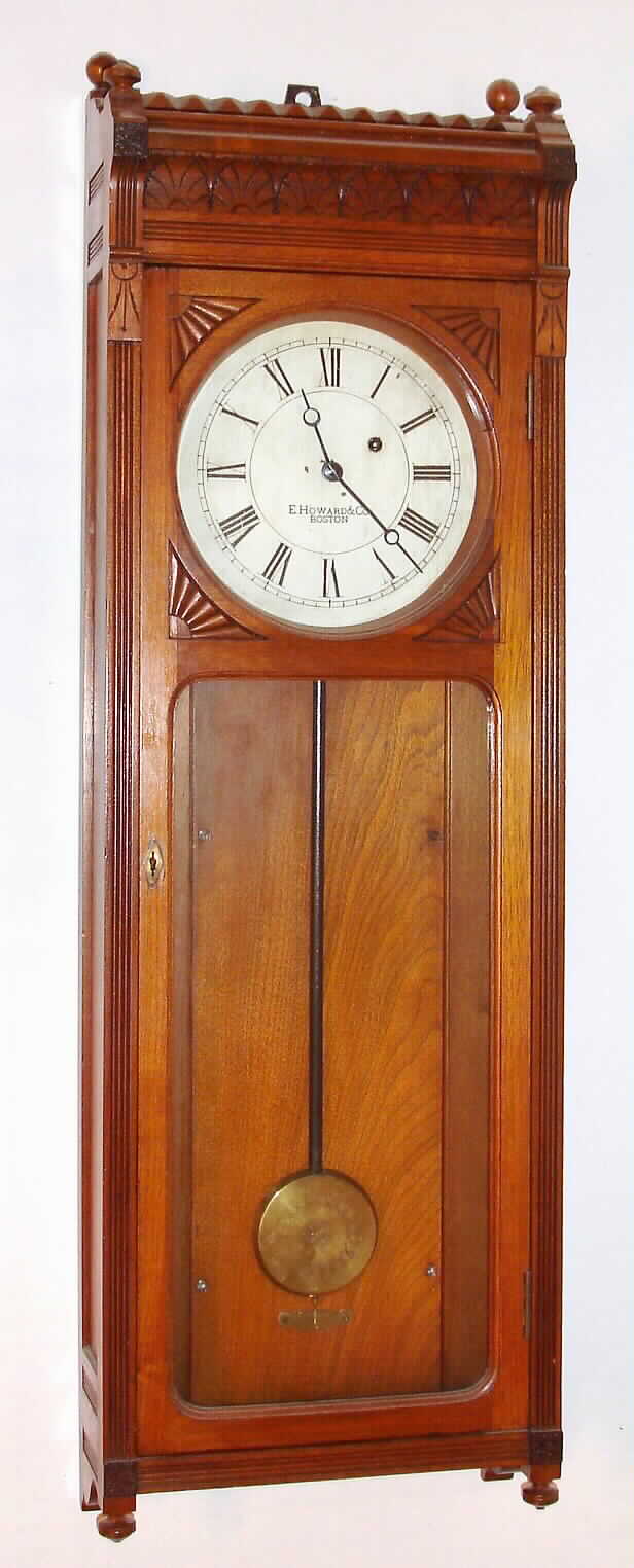 E. Howard and Co., Boston, Mass., "No. 58-8 Regulator" wall clock 8 day time only weight driven movement in walnut case with painted metal dial, c1900 — Antique Clocks Price Guide
