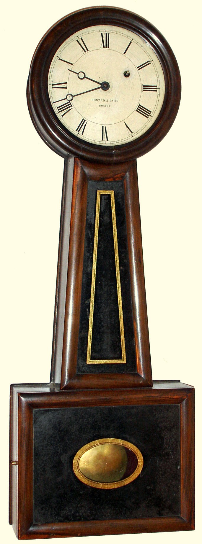 Howard and Davis, Boston, Mass., "No. 5 Banjo" wall clock 8 day time only weight driven movement in square bottom rosewood grain painted cherry case with paper over metal dial, c1845 — Antique Clocks Price Guide