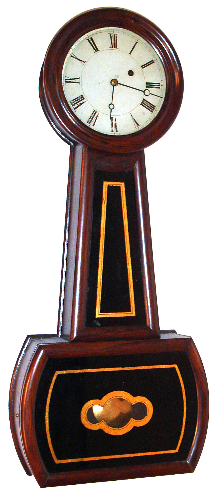 J. Polsey, Boston "No. 4 Banjo" wall clock 8 day time only weight driven movement in a rosewood grain painted case with painted metal dial, c1860 — Antique Clocks Price Guide