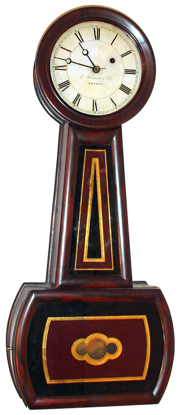 E. Howard and Co., Boston, Mass., "No. 5 Banjo" wall clock 8 day time only weight driven movement in a rosewood grain painted case with paper over metal dial, c1860 — Antique Clocks Price Guide
