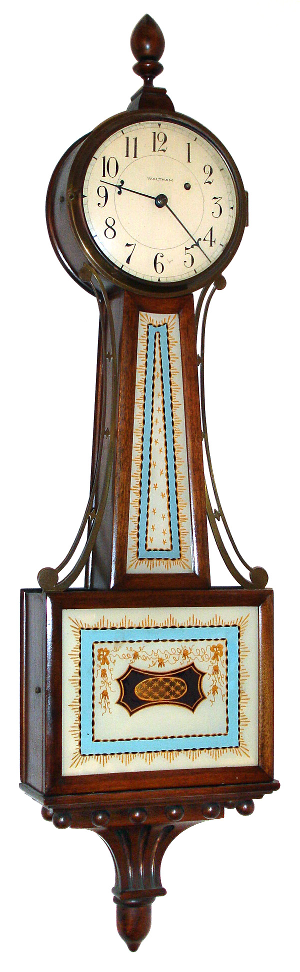 Waltham Clock Co., Waltham, Mass., "Presentation Banjo" wall clock 8 day time only weight driven movement in mahogany case with painted metal dial, c1930 — Antique Clocks Price Guide
