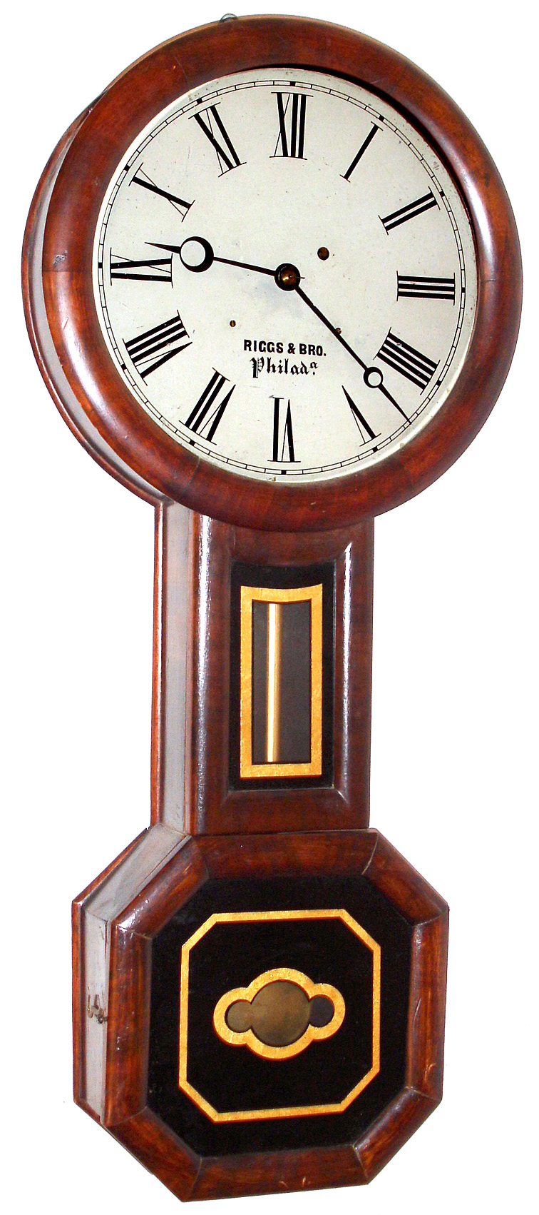 "Baltimore Banjo" style wall clock attributed to Williams and Hatch, North Attleboro, MA for Riggs and Bro., Philad.a 8 day time only weight driven wall clock in rosewood grain painted case with painted metal dial, c1860 — Antique Clocks Price Guide