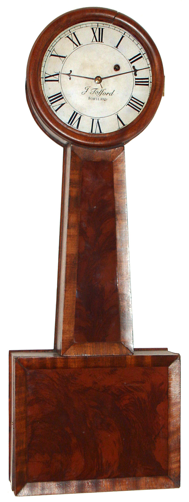 J. Tolford, Portland, Maine banjo wall clock 8 day time only weight driven movement in mahogany veneer case with reverse grain painted throat and lower tablets and painted metal dial, c1850 — Antique Clocks Price Guide