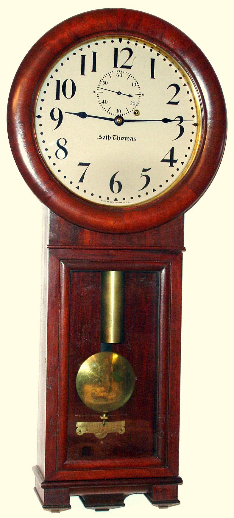 Seth Thomas Clock Co., Thomaston, Conn., "No. 2 Regulator" 8 day time only weight driven movement in mahogany case with painted metal dial, c1896 — Antique Clocks Price Guide
