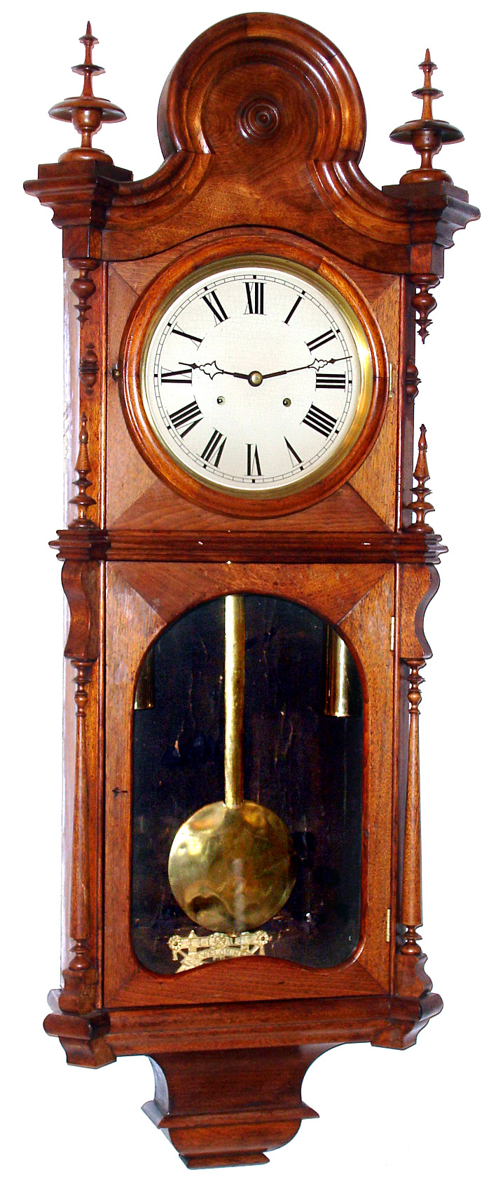 Welch Spring and Co., Forestville, Conn. "Regulator No. 5" wall clock 8 day, time only, 2-weight driven movement in walnut case with gold leaf pendulum stick and painted metal dial, c1875 — Antique Clocks Price Guide