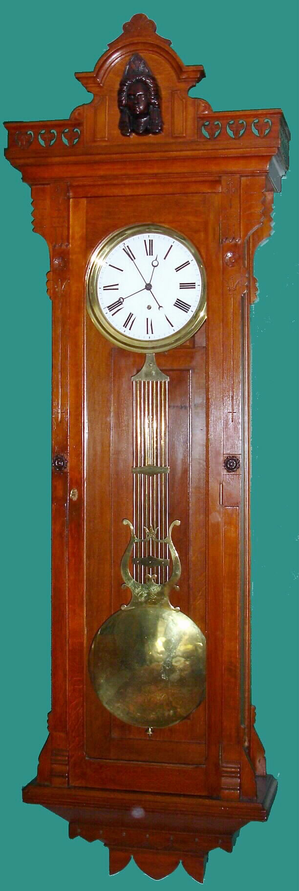 New Haven Clock Co., New Haven, Conn., "Regulator No. 2" wall clock 8 day time only weight driven movement with pinwheel escapement in oak case with porcelain dial and sweep seconds, c1881 — Antique Clocks Price Guide