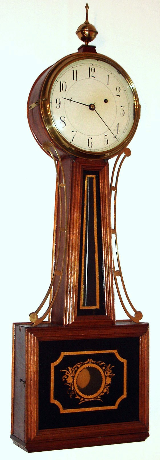 Cheney and Brinsmaid, Windsor, Vermont banjo wall clock 8 day time only weight driven movement in mahogany case with painted metal dial, c1825 — Antique Clocks Price Guide