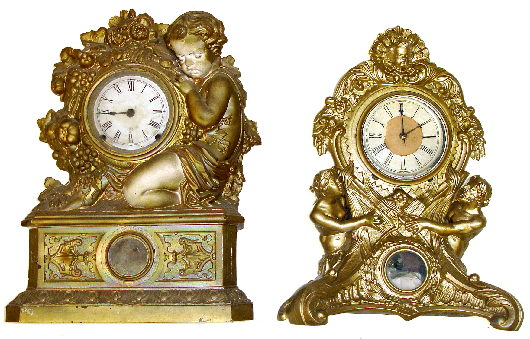 Two large gold 8 day Connecticut figural mantel clocks. Largest, with bold child, is 19" high. — Antique Clocks Price Guide