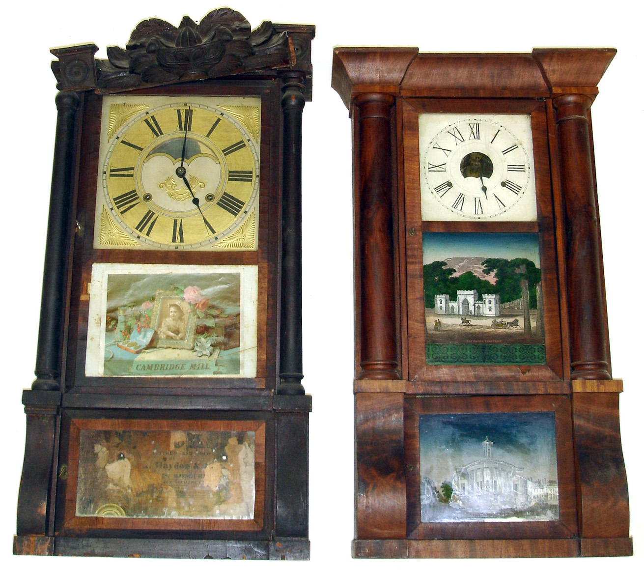 Two 8 day weight driven shelf clocks. Cornice top is Birge and Peck with partial train label and two nice glasses (although upper Baltimore Cemetery tablet probably newer). Carved top is by Peck and Hayden, St. Louis, Missouri, nice gold dial and mirror insert, 36" tall. — Antique Clocks Price Guide