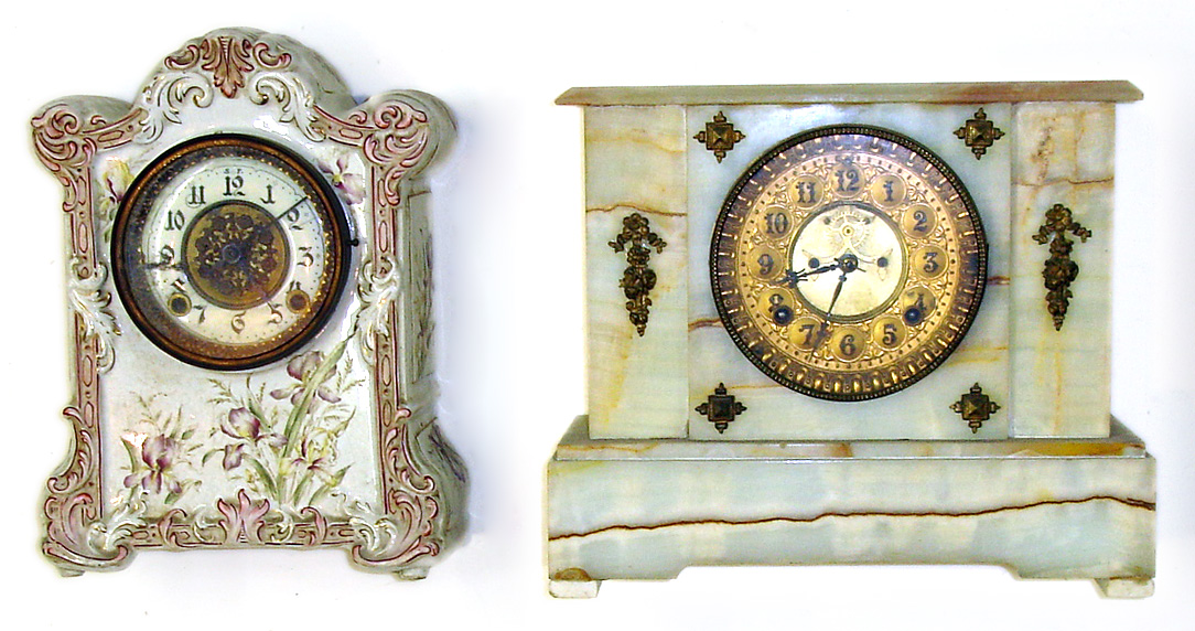 Two white 8 day higher quality Connecticut mantel clocks. Hand painted China is a Gilbert with partial rear label. Veined onyx is an Ansonia with gold dial and visible escapement. Porcelain case is 12" tall. — Antique Clocks Price Guide