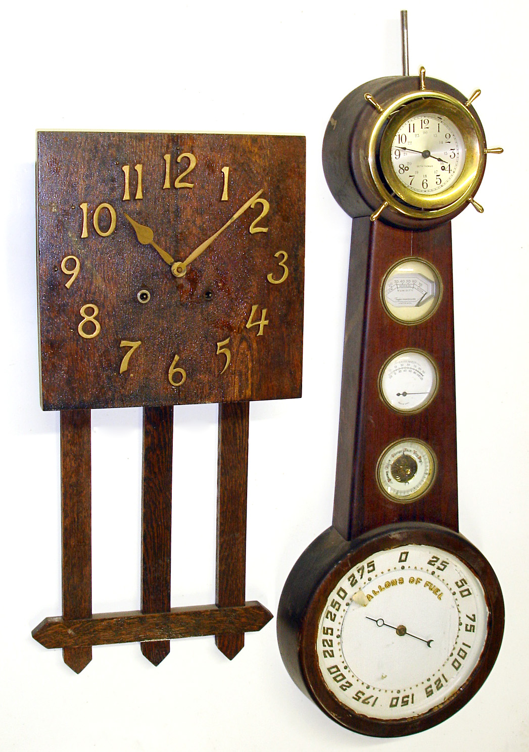 Two 8 day wood wall clocks and a lyre presentation banjo case only well carved and finished, with glasses and dial. One is dark oak E. Ingraham mission style. Other is unique home made mult dial with modern German Seth Thomas ship's bells clock on top and "gallons of fuel" dial on bottom, 38" tall. — Antique Clocks Price Guide