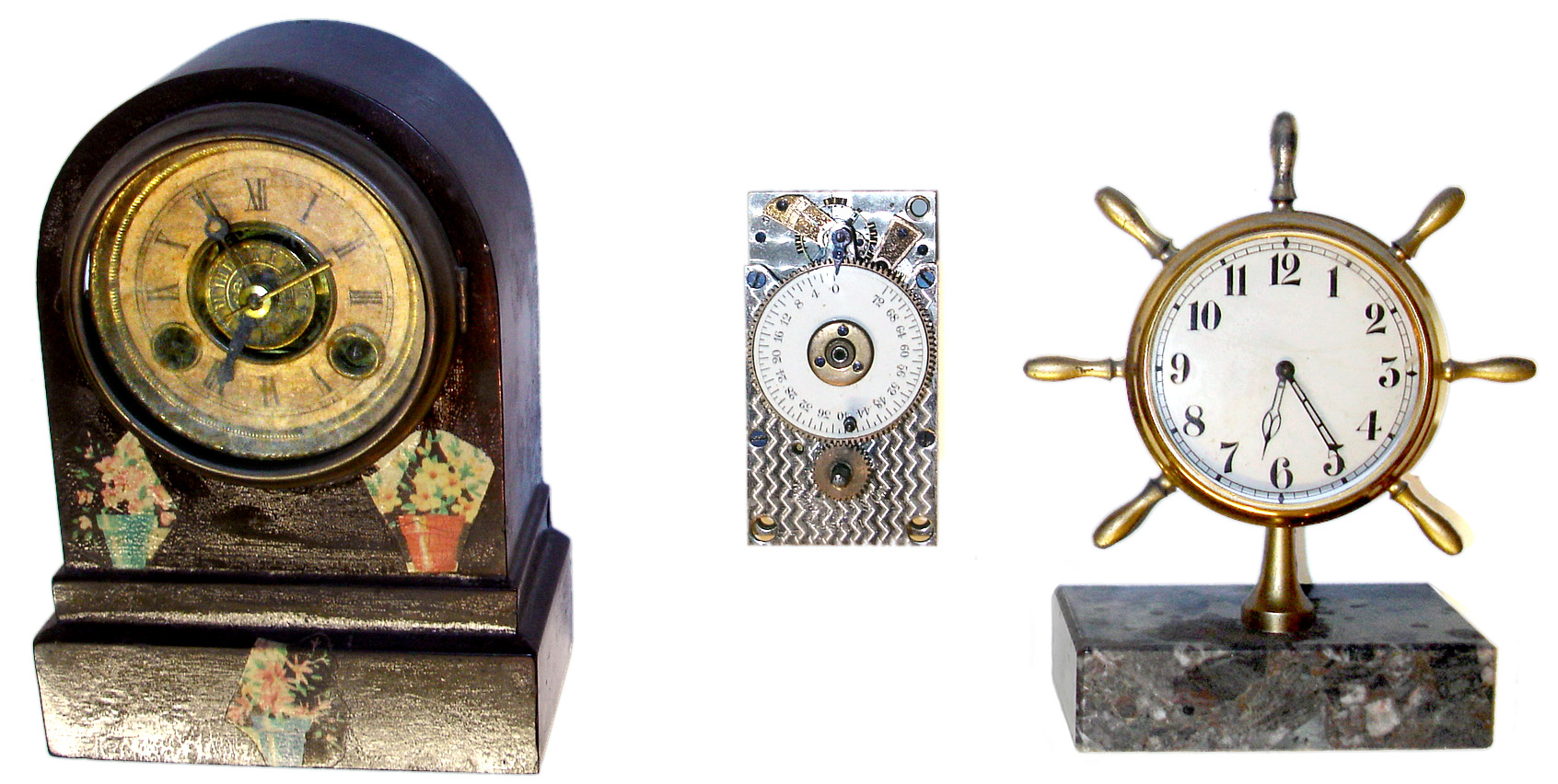 Three small clocks, mixed lot. Terry Clock Co. miniature iron case alarm clock, c.1860, dark but nearly complete rear paper label, with later applied flowerpot stickers, 6" tall. Octava Watch Co. Swiss marble base yacht wheel desk clock, 15 jewel adjustment movement, 5.5" tall. E. Howard and Co. vault lock movement with 0-72 dial. All tick but could use service. — Antique Clocks Price Guide