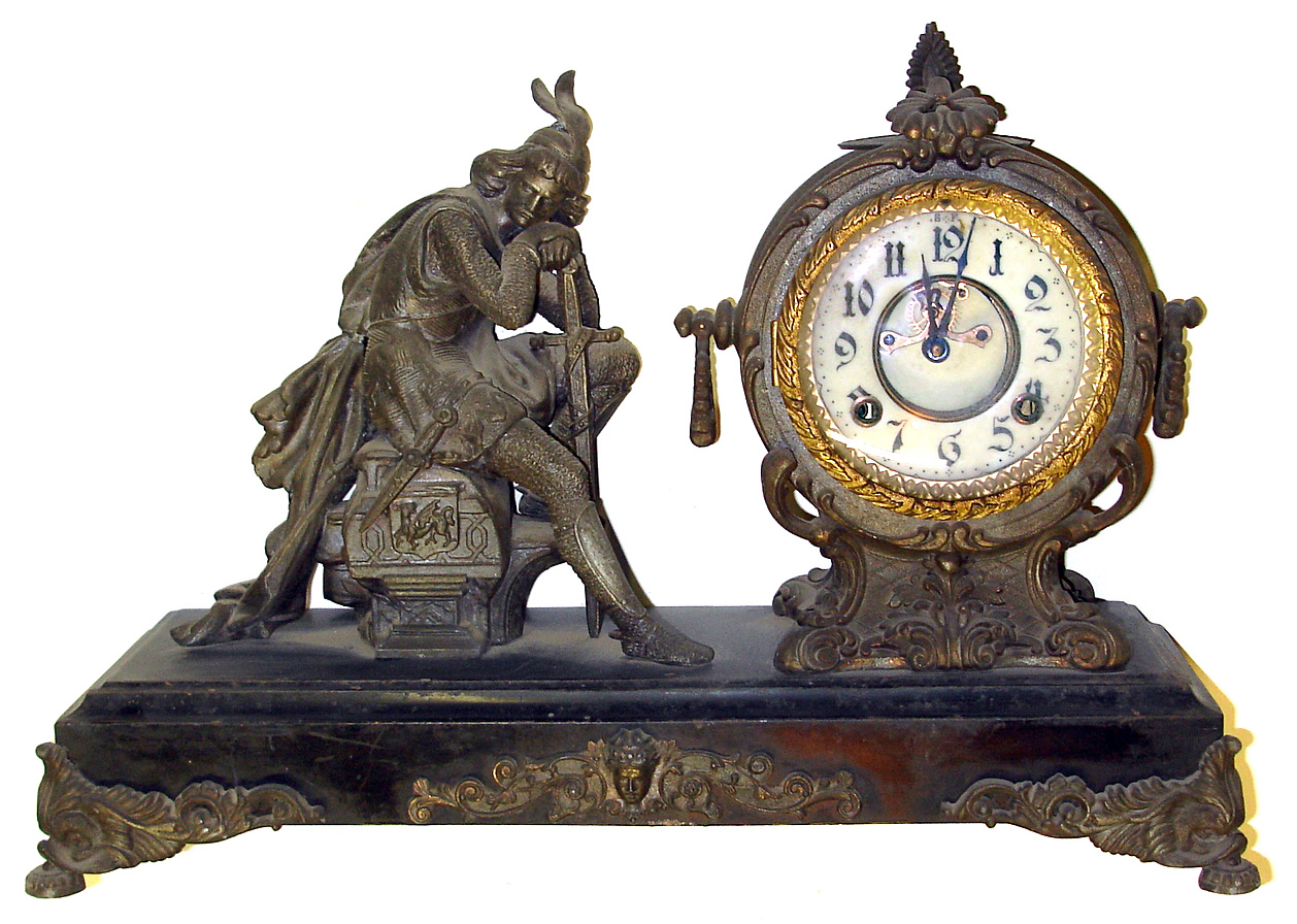 New Haven "Ivanhoe" 8 day figural cast metal mantel clock, c1900. — Antique Clocks Price Guide
