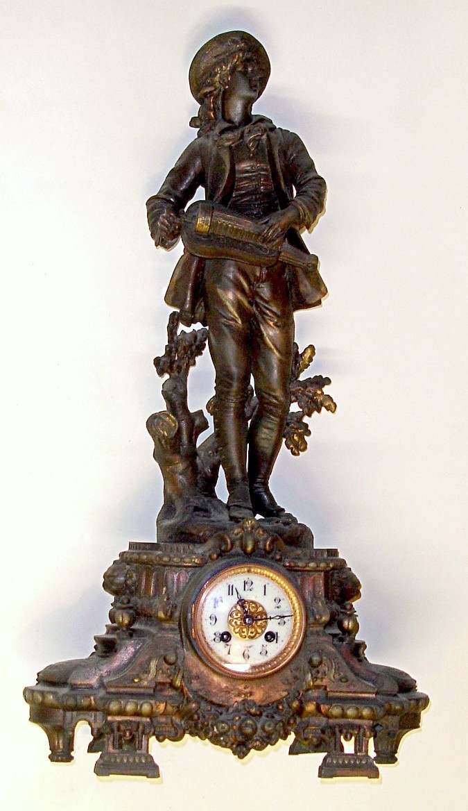 French large cast metal figural music theme 8 day mantel clock, c1890. — Antique Clocks Price Guide