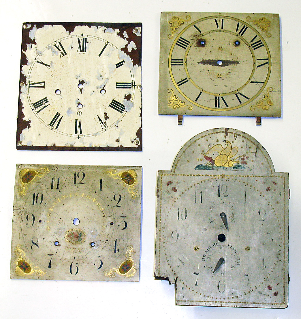 S. Hoadley, Plymouth wooden works movement, plus extra Connecticut painted wood dials. Hoadley tall clock movement has faded and damaged dial, missing rear count wheel and a few other parts. Other dials restorable or useful as is. — Antique Clocks Price Guide