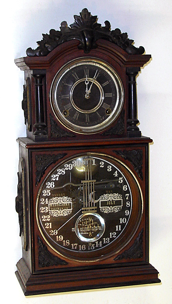 Ithaca "No. 3 1/2 Parlor" black dial 8 day walnut striking calendar shelf clock, c1881. — Antique Clocks Price Guide