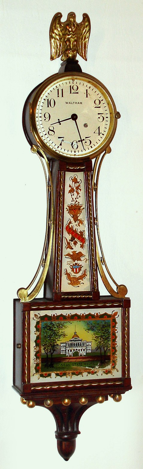 Waltham Clock Co., Waltham, Mass., 8 day spring driven miniature banjo timepiece, c1930 — Antique Clocks Price Guide