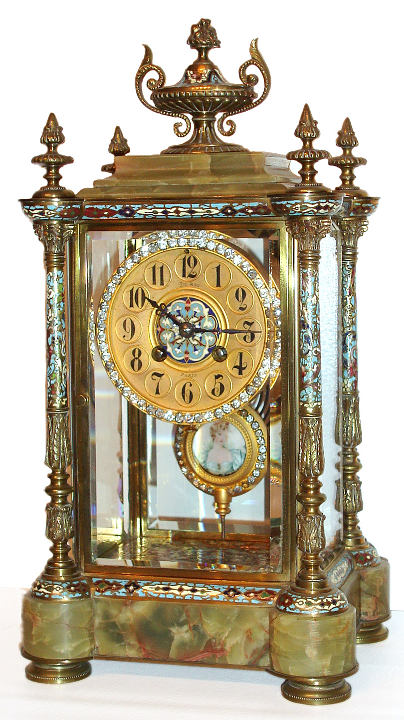 French, LeRoy, Paris, 8 day time/strike green Onyx and enameled brass crystal regulator, brilliant surround on both bezel and pendulum, (note portrain pendulum) c1890 — Antique Clocks Price Guide
