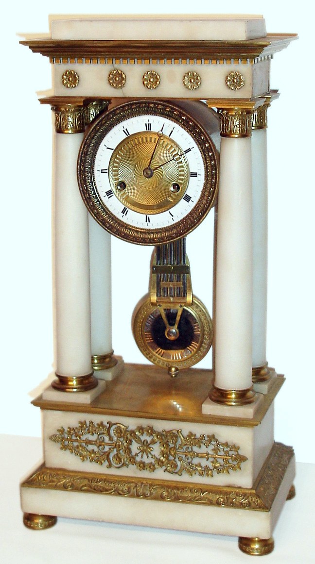 French, 8 day time and strike four pillar marble and brass gilt empire clock, c1890 — Antique Clocks Price Guide