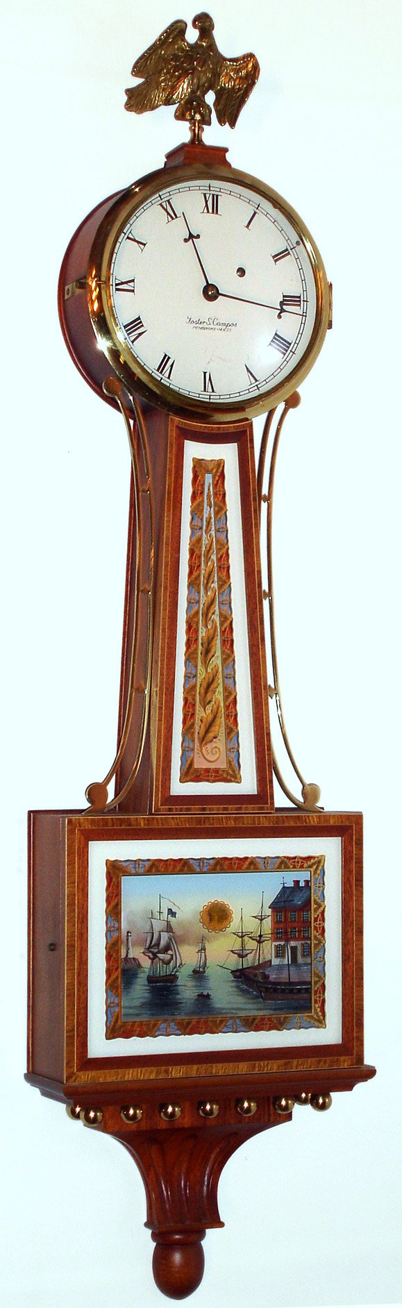 Foster Campos, Pembroke, Mass., 8 day mahogany banded case weight driven banjo timepiece, c1982 — Antique Clocks Price Guide