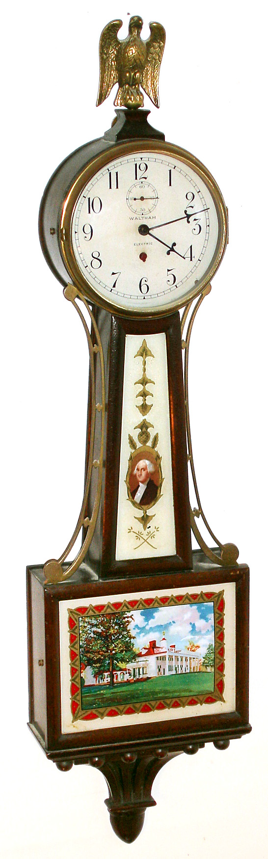 Waltham Clock Co., Waltham, Mass., electric banjo timepiece in mahogany case with reverse painted tablets, c1935 — Antique Clocks Price Guide