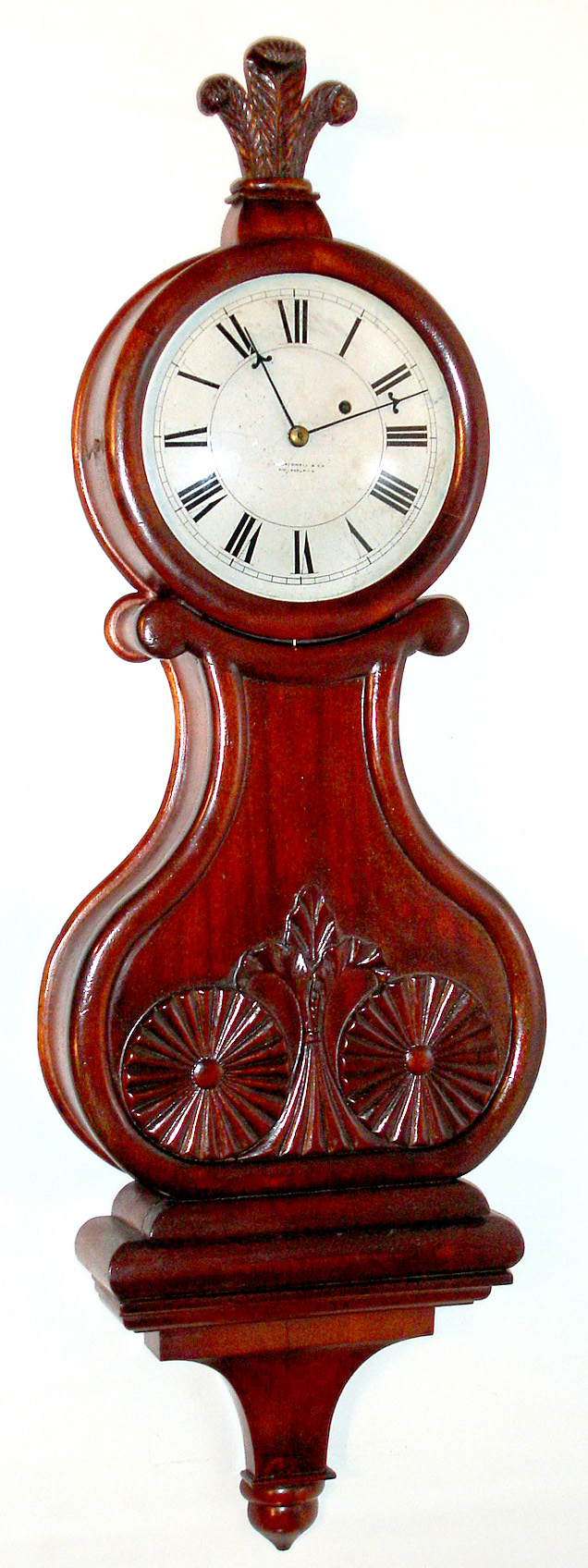 Unknown, 8 day Lyre form weight banjo timepiece. It is hard to date this as the case has some age, but we would probably guess about 1920. — Antique Clocks Price Guide