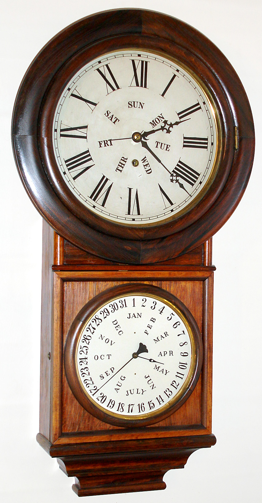 Welch, Spring and Co., Forestville, Conn., "Round Head Regulator No. 4", 8 day time and strike calendar clock, c1878 — Antique Clocks Price Guide