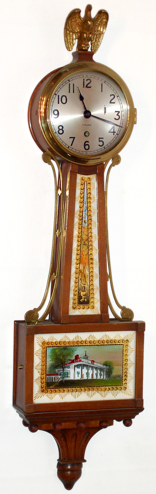 Chelsea Clock Co., Boston, 8 day spring driven mahogany 3/4 banjo timepiece, c1965 — Antique Clocks Price Guide