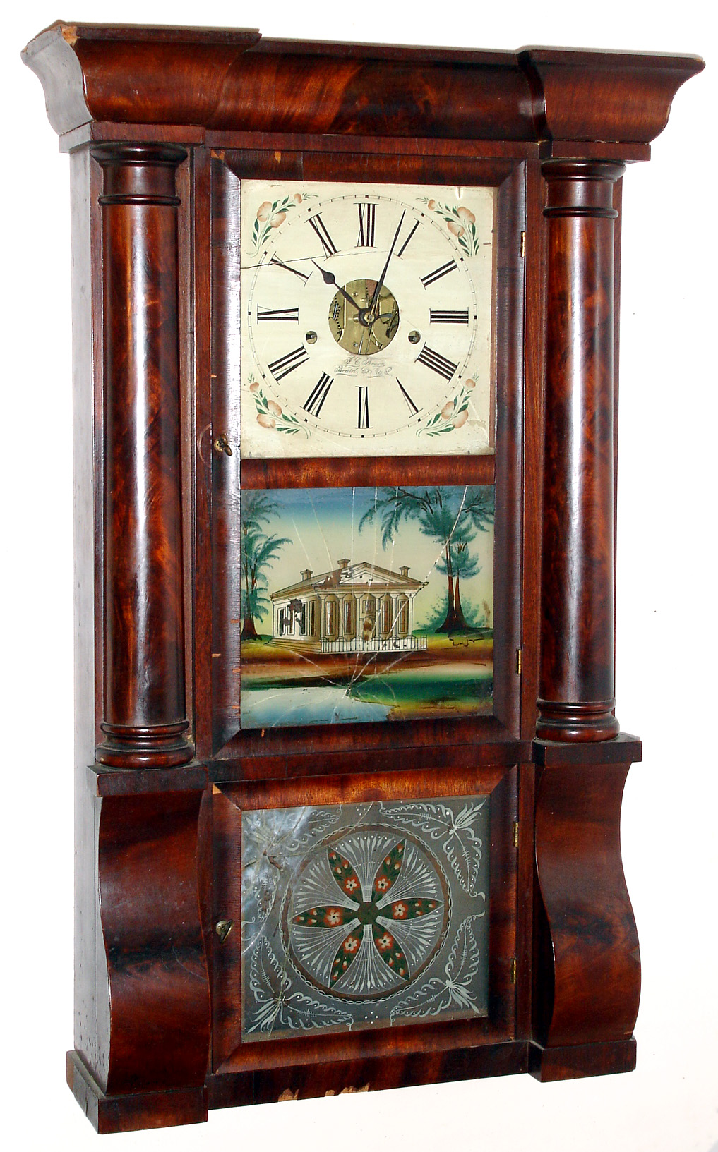 Forestville Mfg. Co., J. C. Brown shelf clock 8 day time and strike weight driven movement in column and cornice mahogany veneer case, c1850 — Antique Clocks Price Guide