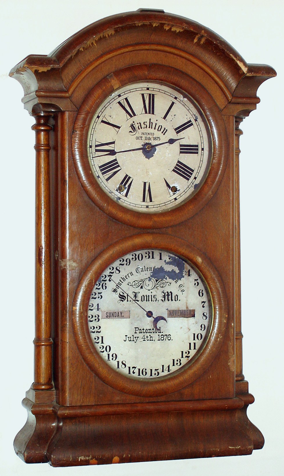 Southern Calendar Clock Co., St. Louis, Mo., Fashion No. 2 walnut veneer 8 day time and strike shelf clock, c1880. — Antique Clocks Price Guide