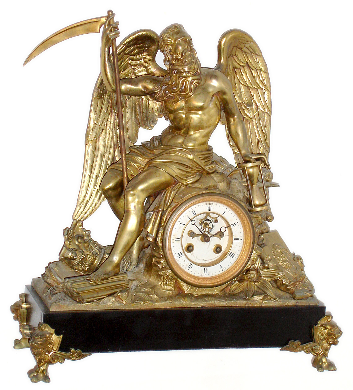 French cast brass Father Time figural 8 day mantel clock, c1880. — Antique Clocks Price Guide